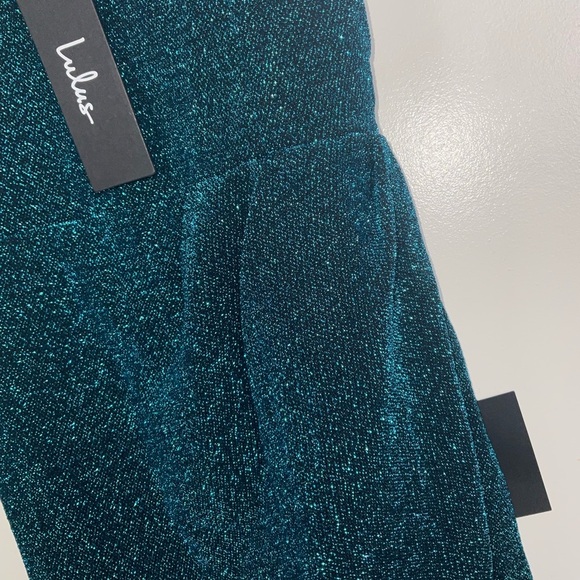 Lulus NWT Blue Metallic Asymmetrical Stretchy Bodycon Party Mini Dress - Size M - Picture 7 of 9